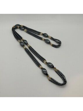 Vintage Hematite Freshwater Pearl Gold Tone Beaded Triple-Strand Necklace 32"